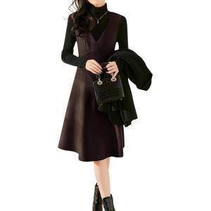 imagechouyatou Womens Fall Winter Wool Tank Dress Overall A Line Flare Pinafore Zip Up Dressy Midi Jumper DressCoffee