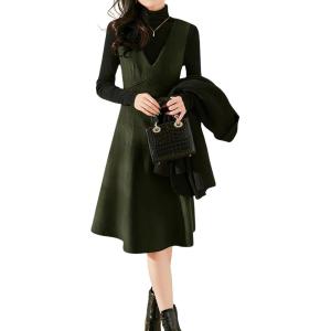 imagechouyatou Womens Fall Winter Wool Tank Dress Overall A Line Flare Pinafore Zip Up Dressy Midi Jumper DressGreen