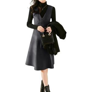imagechouyatou Womens Fall Winter Wool Tank Dress Overall A Line Flare Pinafore Zip Up Dressy Midi Jumper DressGrey