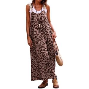 imagechouyatou Womens Summer Boho Leopard Overall Dress Adjustable Strap Midi Long Beach Dress with PocketsLeopard