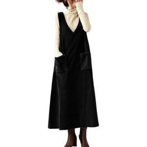 imagechouyatou Womens VNeck Corduroy Overall Dress Jumper ALine Midi Long Tank Pinafore Dress with PocketsBlack