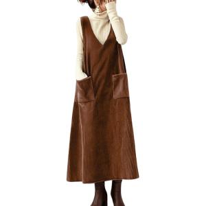 imagechouyatou Womens VNeck Corduroy Overall Dress Jumper ALine Midi Long Tank Pinafore Dress with PocketsBrown