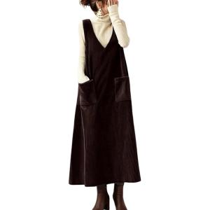 imagechouyatou Womens VNeck Corduroy Overall Dress Jumper ALine Midi Long Tank Pinafore Dress with PocketsCoffee