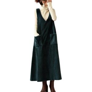 imagechouyatou Womens VNeck Corduroy Overall Dress Jumper ALine Midi Long Tank Pinafore Dress with PocketsDark Green