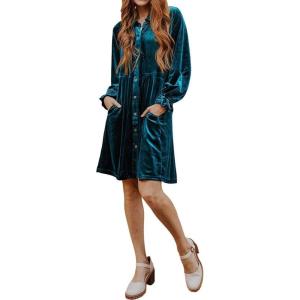 imagechouyatou Womens Vintage Velvet Mini Dress Long Sleeve Button Down Cocktail Party Shirt DressMalachite Green