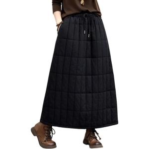 imagechouyatou Womens Winter Elastic Waist Padded Quilted Midi Long Puffer Insulated Skirt with PocketsBlack