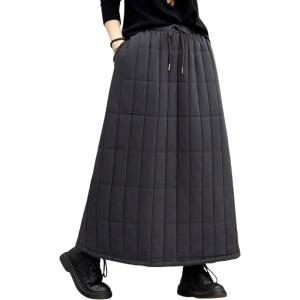 imagechouyatou Womens Winter Elastic Waist Padded Quilted Midi Long Puffer Insulated Skirt with PocketsGrey