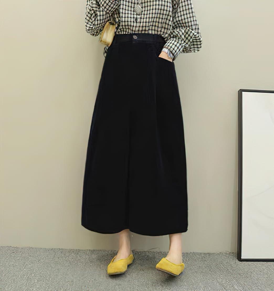 imagechouyatou Womens Vintage Corduroy Wide Leg Cropped Pants High Elastic Waist Baggy Barrel Capri Pants with PocketsBlack