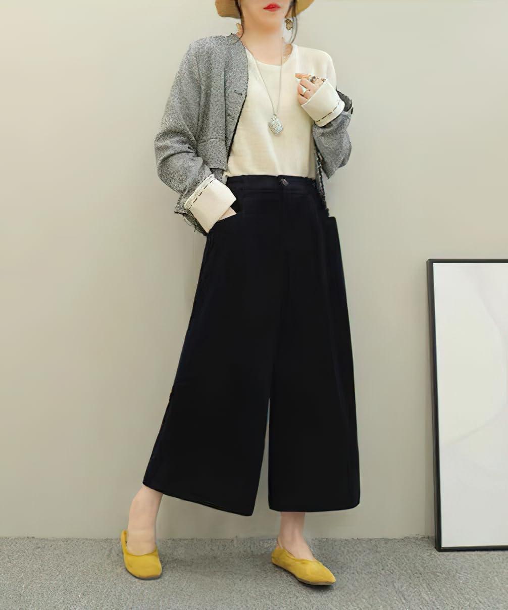 imagechouyatou Womens Vintage Corduroy Wide Leg Cropped Pants High Elastic Waist Baggy Barrel Capri Pants with PocketsBlack