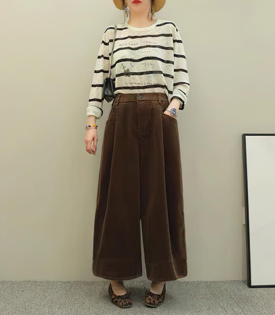 imagechouyatou Womens Vintage Corduroy Wide Leg Cropped Pants High Elastic Waist Baggy Barrel Capri Pants with PocketsBrown