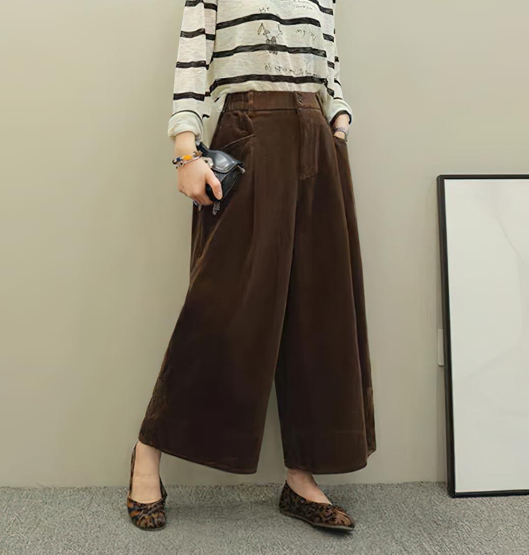 imagechouyatou Womens Vintage Corduroy Wide Leg Cropped Pants High Elastic Waist Baggy Barrel Capri Pants with PocketsBrown