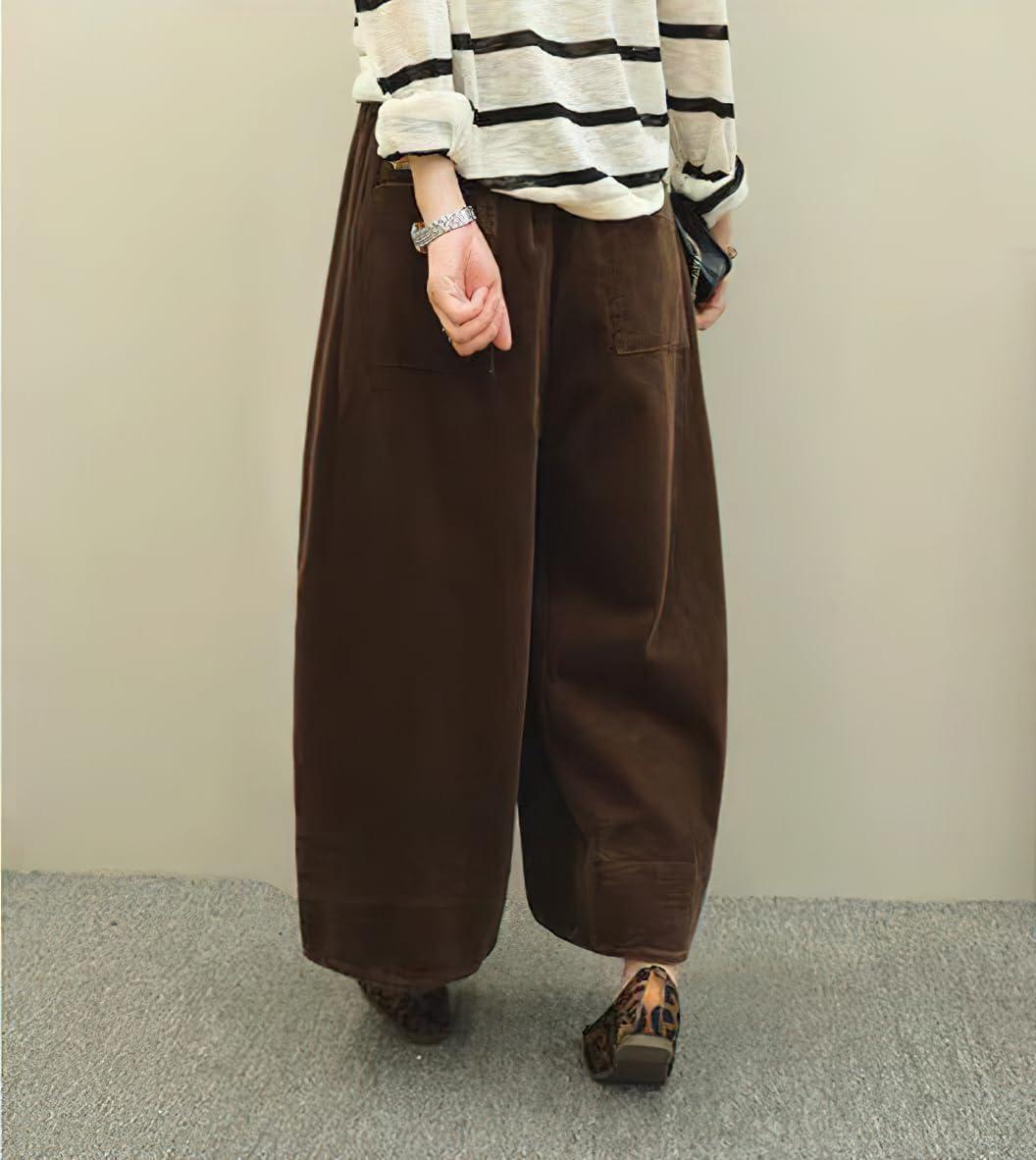 imagechouyatou Womens Vintage Corduroy Wide Leg Cropped Pants High Elastic Waist Baggy Barrel Capri Pants with PocketsBrown