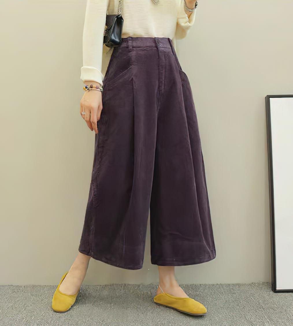 imagechouyatou Womens Vintage Corduroy Wide Leg Cropped Pants High Elastic Waist Baggy Barrel Capri Pants with PocketsPurple
