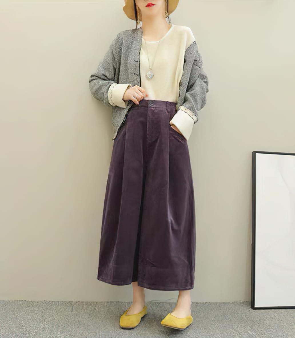imagechouyatou Womens Vintage Corduroy Wide Leg Cropped Pants High Elastic Waist Baggy Barrel Capri Pants with PocketsPurple