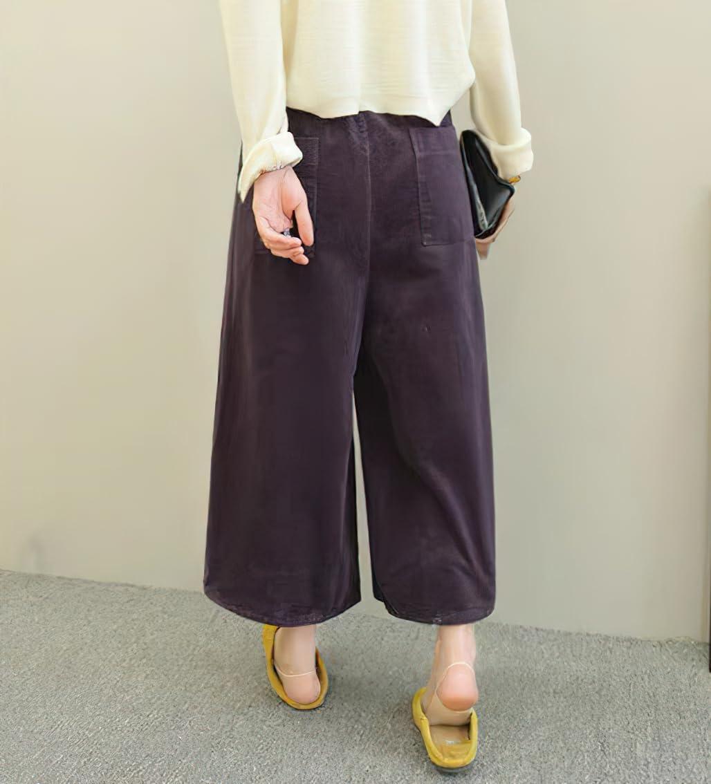 imagechouyatou Womens Vintage Corduroy Wide Leg Cropped Pants High Elastic Waist Baggy Barrel Capri Pants with PocketsPurple