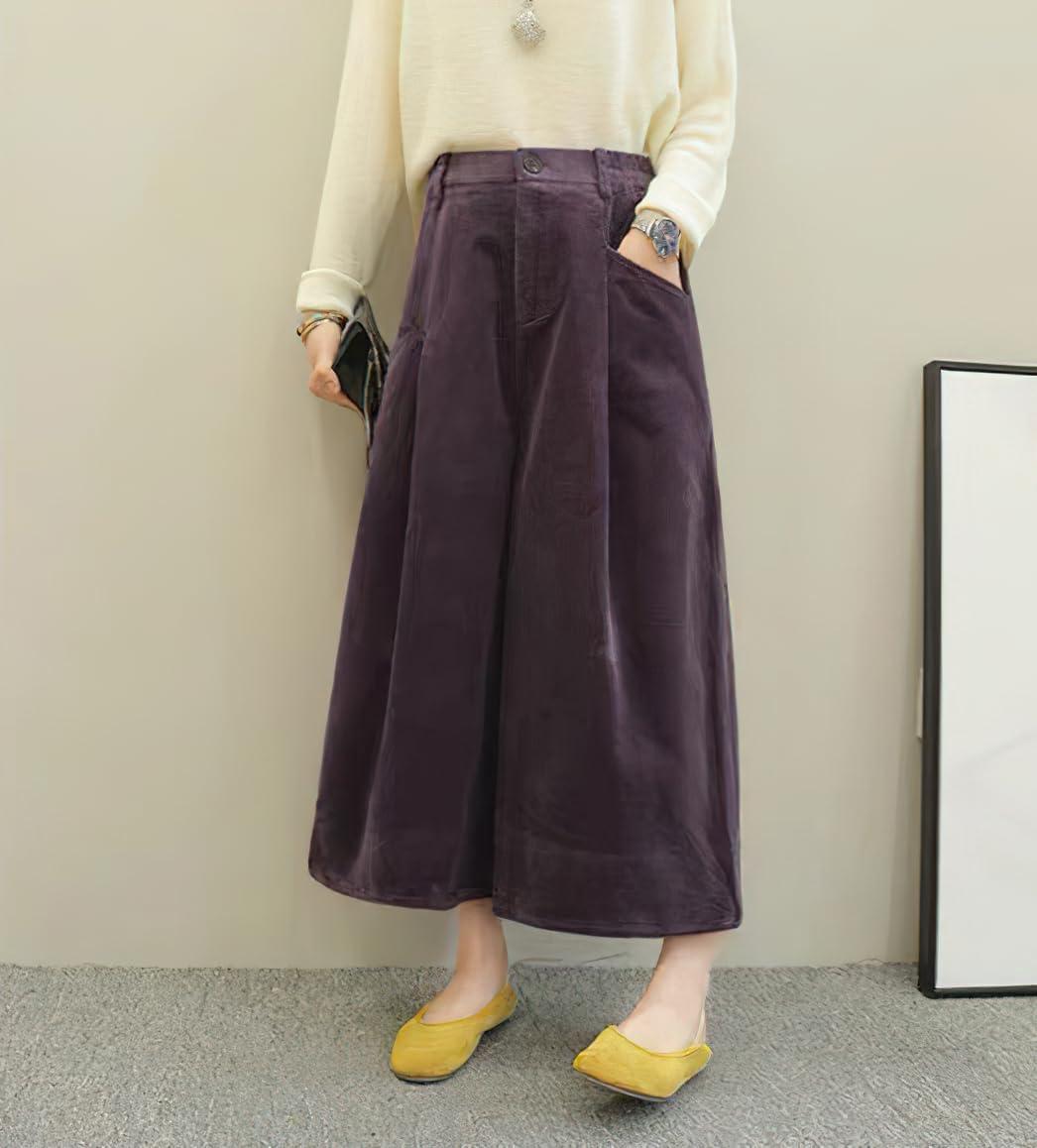 imagechouyatou Womens Vintage Corduroy Wide Leg Cropped Pants High Elastic Waist Baggy Barrel Capri Pants with PocketsPurple
