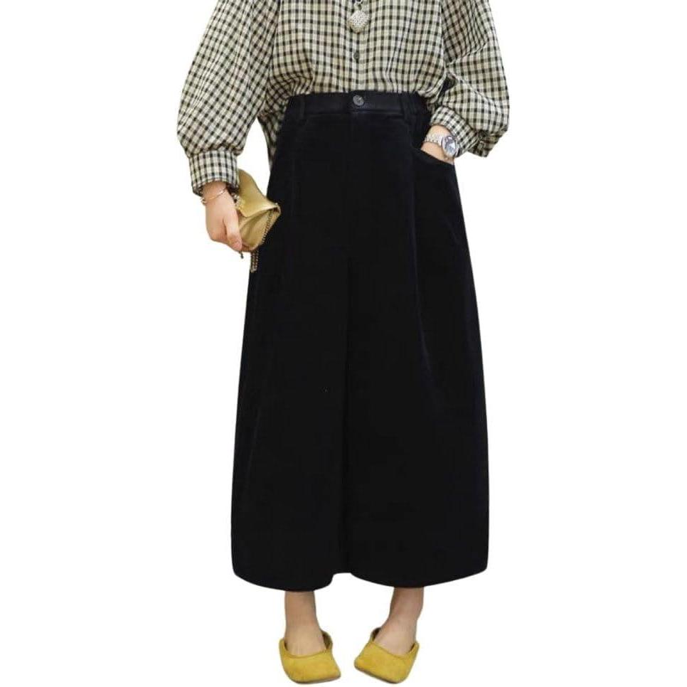 imagechouyatou Womens Vintage Corduroy Wide Leg Cropped Pants High Elastic Waist Baggy Barrel Capri Pants with PocketsBlack