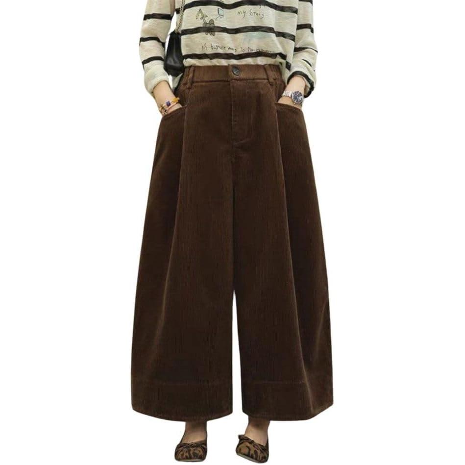 imagechouyatou Womens Vintage Corduroy Wide Leg Cropped Pants High Elastic Waist Baggy Barrel Capri Pants with PocketsBrown