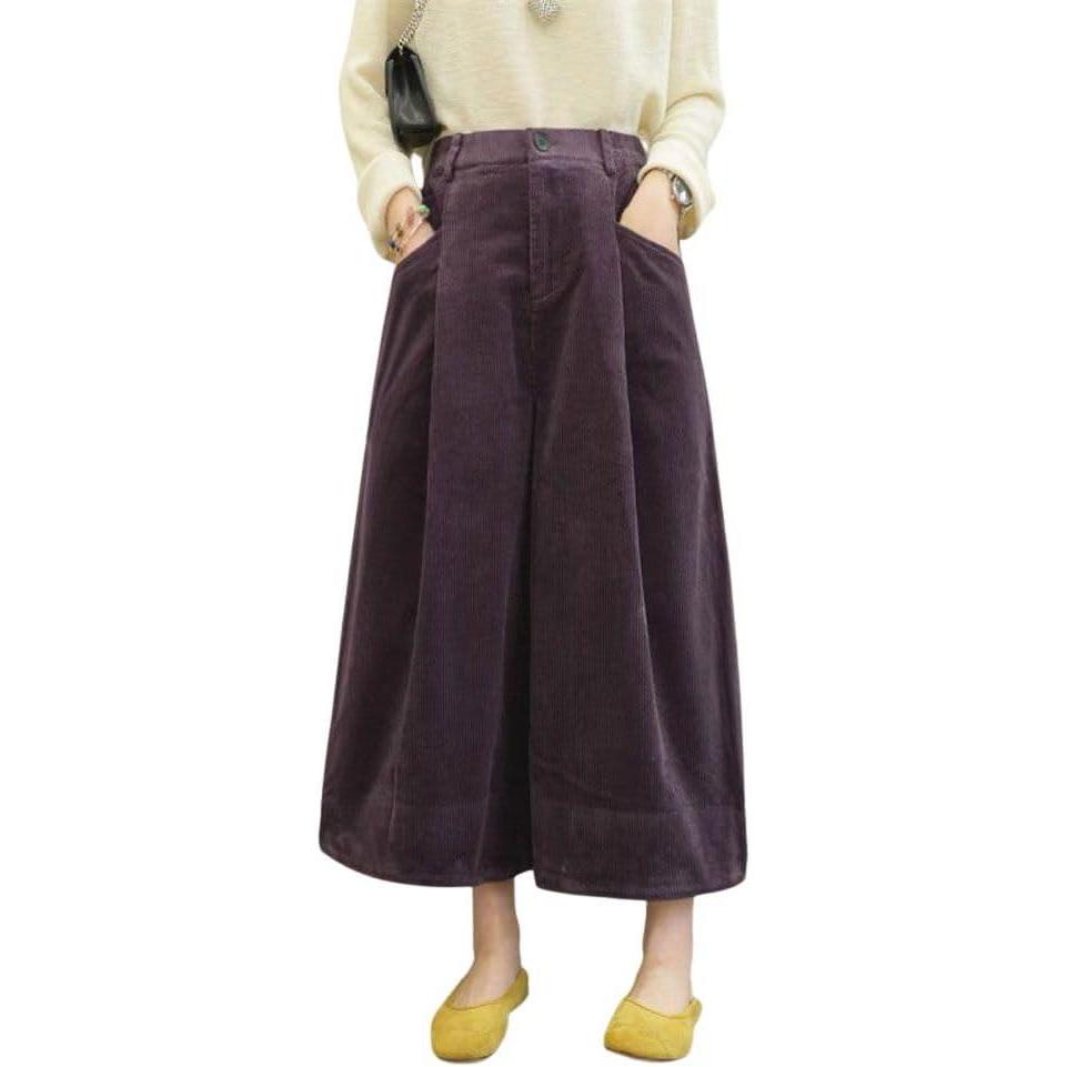imagechouyatou Womens Vintage Corduroy Wide Leg Cropped Pants High Elastic Waist Baggy Barrel Capri Pants with PocketsPurple