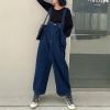 imagechouyatou Women Denim Bib Overalls Adjustable Strap Wide Leg Jean Jumpsuits Loose Fit Romper with PocketsDark Blue