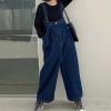 imagechouyatou Women Denim Bib Overalls Adjustable Strap Wide Leg Jean Jumpsuits Loose Fit Romper with PocketsDark Blue