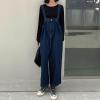 imagechouyatou Women Denim Bib Overalls Adjustable Strap Wide Leg Jean Jumpsuits Loose Fit Romper with PocketsDark Blue