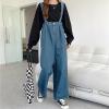 imagechouyatou Women Denim Bib Overalls Adjustable Strap Wide Leg Jean Jumpsuits Loose Fit Romper with PocketsRetro Blue