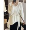 imagechouyatou Womens Casual V Neck Belted Pullover Sweaters Asymmetrical Hem Knitted Sweater Tunic Jumper TopsBeige White