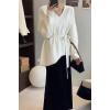 imagechouyatou Womens Casual V Neck Belted Pullover Sweaters Asymmetrical Hem Knitted Sweater Tunic Jumper TopsBeige White