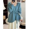 imagechouyatou Womens Casual V Neck Belted Pullover Sweaters Asymmetrical Hem Knitted Sweater Tunic Jumper TopsBlue