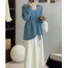 imagechouyatou Womens Casual V Neck Belted Pullover Sweaters Asymmetrical Hem Knitted Sweater Tunic Jumper TopsBlue