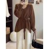 imagechouyatou Womens Casual V Neck Belted Pullover Sweaters Asymmetrical Hem Knitted Sweater Tunic Jumper TopsBrown