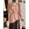 imagechouyatou Womens Casual V Neck Belted Pullover Sweaters Asymmetrical Hem Knitted Sweater Tunic Jumper TopsPink
