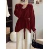 imagechouyatou Womens Casual V Neck Belted Pullover Sweaters Asymmetrical Hem Knitted Sweater Tunic Jumper TopsWine Red