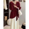 imagechouyatou Womens Casual V Neck Belted Pullover Sweaters Asymmetrical Hem Knitted Sweater Tunic Jumper TopsWine Red
