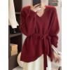 imagechouyatou Womens Casual V Neck Belted Pullover Sweaters Asymmetrical Hem Knitted Sweater Tunic Jumper TopsWine Red