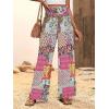 imagechouyatou Womens Vintage Floral Printed Wide Leg Pants Smocked Elastic Waist Beach Palazzo PantsRose Red
