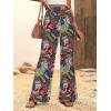 imagechouyatou Womens Vintage Floral Printed Wide Leg Pants Smocked Elastic Waist Beach Palazzo PantsWine Red