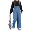 imagechouyatou Women Denim Bib Overalls Adjustable Strap Wide Leg Jean Jumpsuits Loose Fit Romper with PocketsWashed Blue