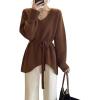 imagechouyatou Womens Casual V Neck Belted Pullover Sweaters Asymmetrical Hem Knitted Sweater Tunic Jumper TopsBrown