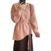 imagechouyatou Womens Casual V Neck Belted Pullover Sweaters Asymmetrical Hem Knitted Sweater Tunic Jumper TopsPink