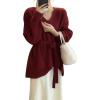 imagechouyatou Womens Casual V Neck Belted Pullover Sweaters Asymmetrical Hem Knitted Sweater Tunic Jumper TopsWine Red