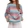 imagechouyatou Womens Fall Fuzzy Contrast Striped Pullover Sweater Cute Y2K Ribbed Knit Sweater Jumper TopsBlue