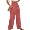 imagechouyatou Womens Vintage Floral Printed Wide Leg Pants Smocked Elastic Waist Beach Palazzo PantsRed