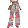imagechouyatou Womens Vintage Floral Printed Wide Leg Pants Smocked Elastic Waist Beach Palazzo PantsRose Red