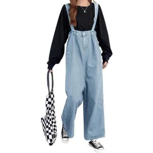 imagechouyatou Women Denim Bib Overalls Adjustable Strap Wide Leg Jean Jumpsuits Loose Fit Romper with PocketsAzure