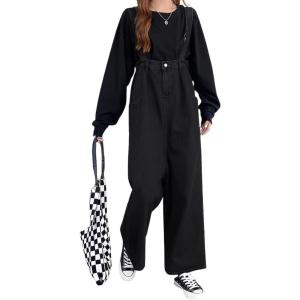 imagechouyatou Women Denim Bib Overalls Adjustable Strap Wide Leg Jean Jumpsuits Loose Fit Romper with PocketsBlack