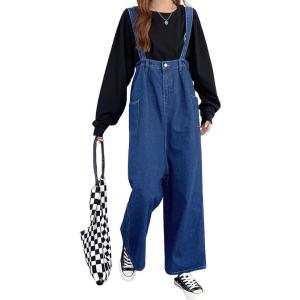 imagechouyatou Women Denim Bib Overalls Adjustable Strap Wide Leg Jean Jumpsuits Loose Fit Romper with PocketsClassic Blue