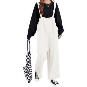 imagechouyatou Women Denim Bib Overalls Adjustable Strap Wide Leg Jean Jumpsuits Loose Fit Romper with PocketsCream