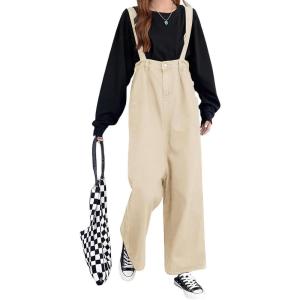 imagechouyatou Women Denim Bib Overalls Adjustable Strap Wide Leg Jean Jumpsuits Loose Fit Romper with PocketsKhaki